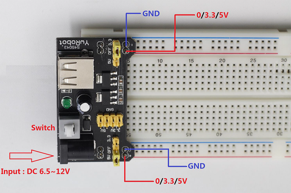 Breadboard Power Supply 3.3V or 5V with USB Port