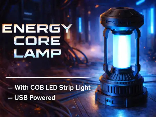 3D-printed sci-fi Energy Core Lamp with glowing translucent PLA tube and COB LED strip