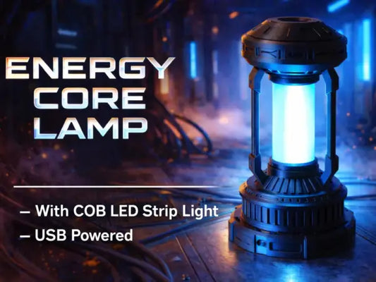 3D-printed sci-fi Energy Core Lamp with glowing translucent PLA tube and COB LED strip