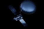 Illustration of a 3D-printed deployable satellite reflector unfurling in geostationary orbit
