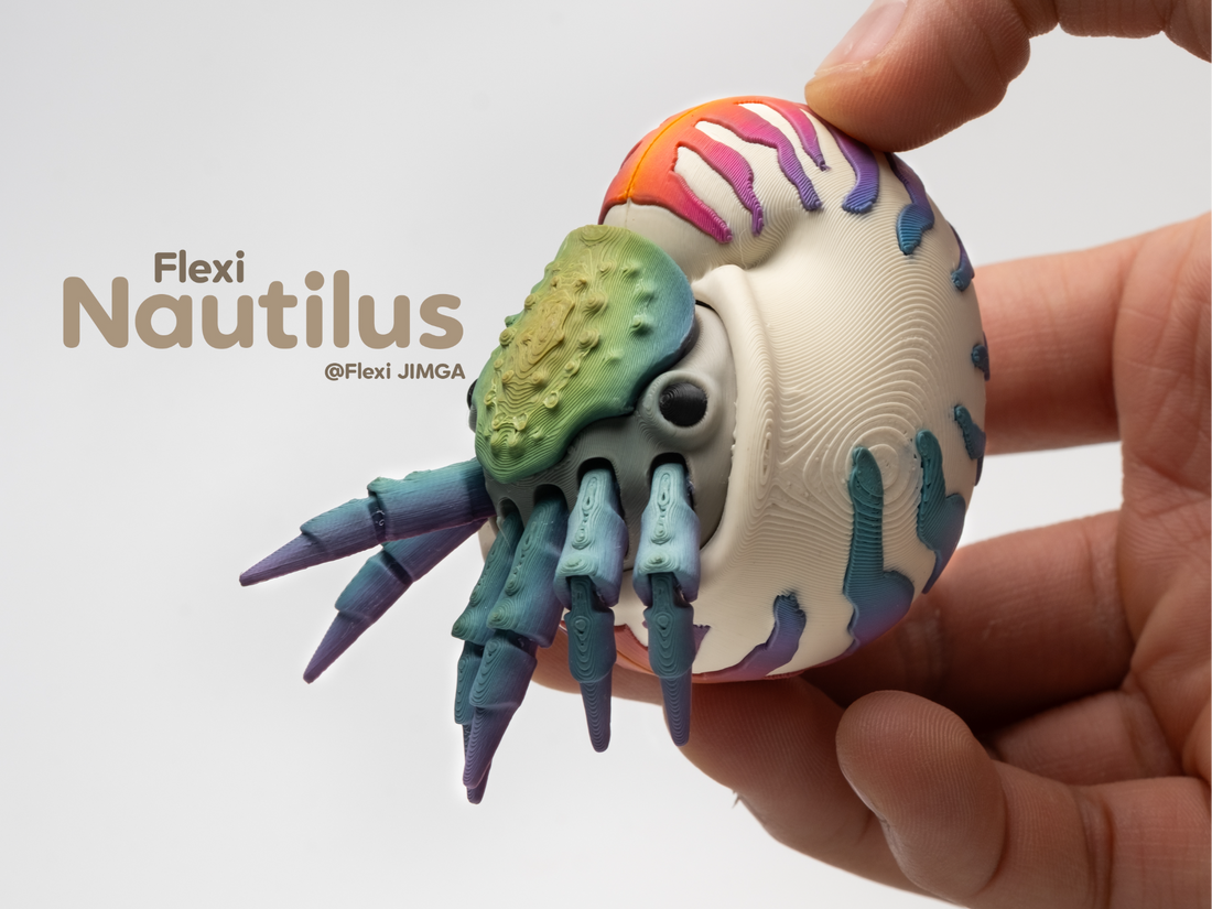 Articulated nautilus flexi 3D print with print-in-place tentacles and press-fit shell