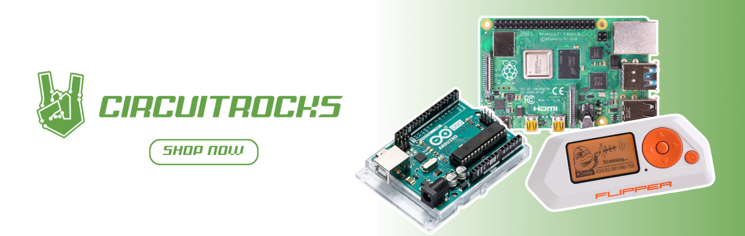 Electronic components and accessories with 'Circuit Rocks' branding on a green background