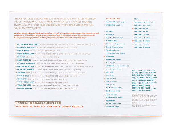 Arduino Starter Kit K000007 parts and guided learning materials for student electronics projects