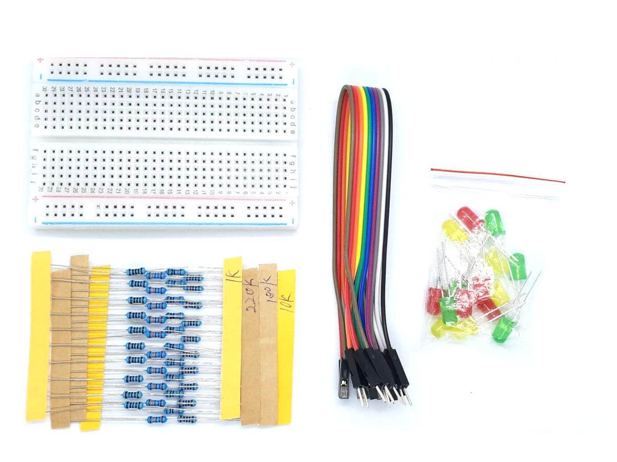Mini-Kit - LEDs, Schalter, Widerstände, Batterieklemme, Dupont-Kabel, Breadboard Mini-Kit - LEDs, Schalter, Widerstände, Batterieklemme, Dupont-Kabel, Breadboard