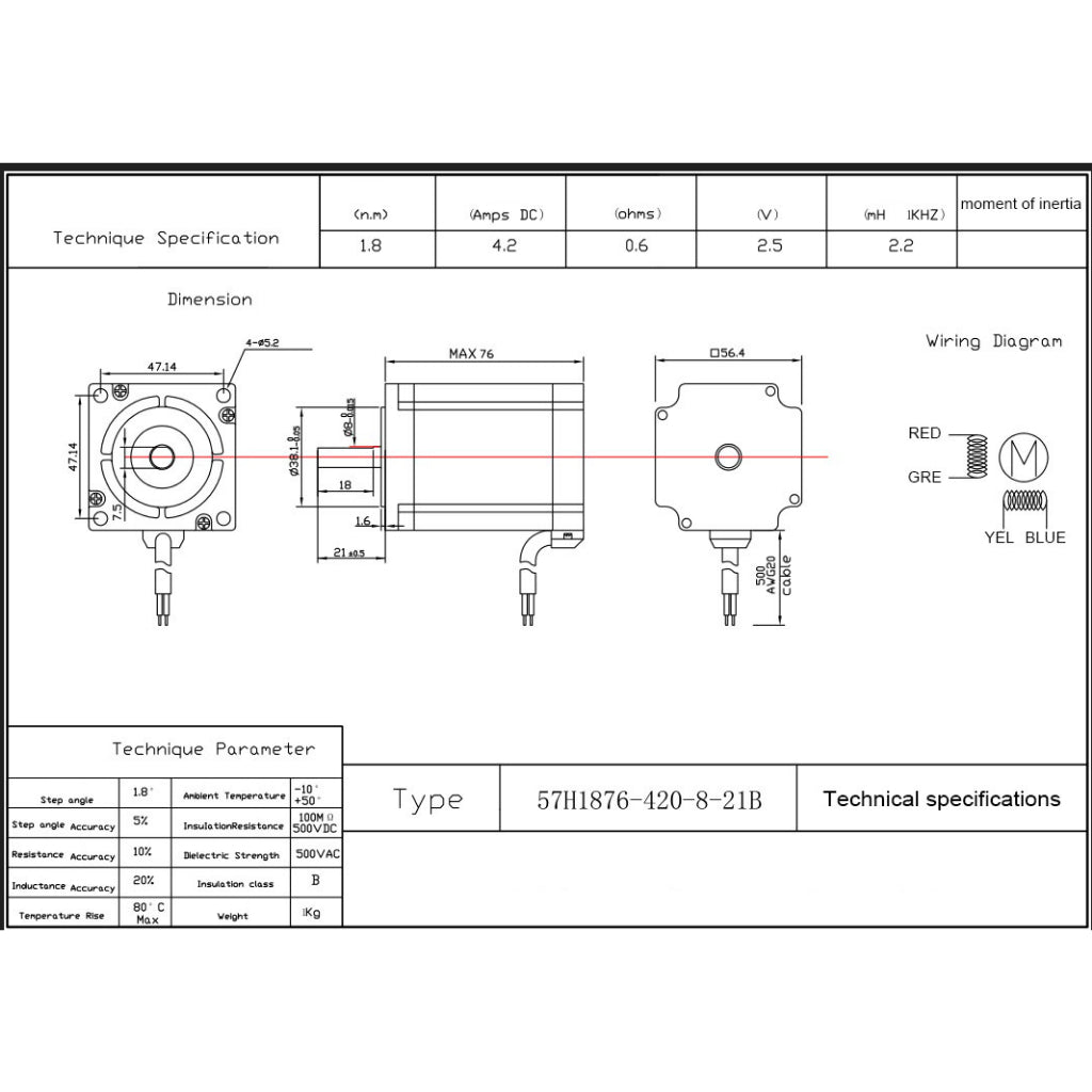 57BYGH76 NEMA 23 Bipolar Stepper Motor 76mm 4.2A 1.8Nm