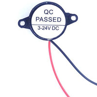 HP2312XW piezo buzzer with lead wires (side view, ⌀23×12 mm)