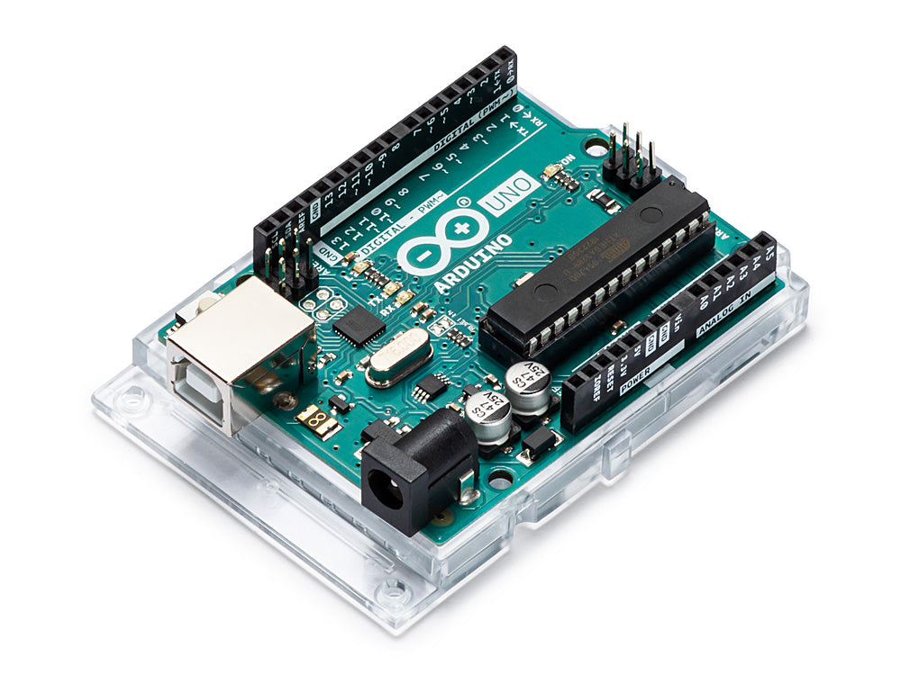 Arduino Uno R3 board top view showing GPIO pins and ATmega328P chip