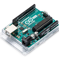 Arduino Uno R3 board top view showing GPIO pins and ATmega328P chip