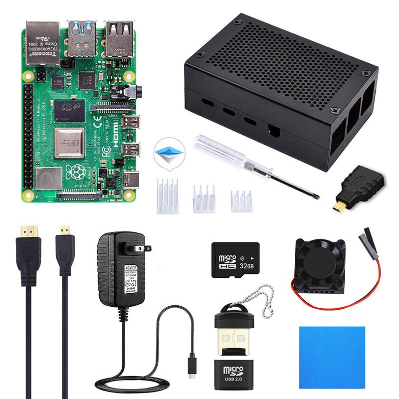 Raspberry Pi 4 4GB Kit - Aluminum Case, Heatsink, Cable, SD